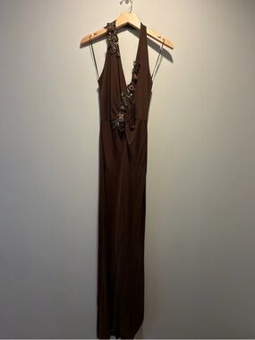Nicole Bakti Brown Embellished Halter Maxi Dress